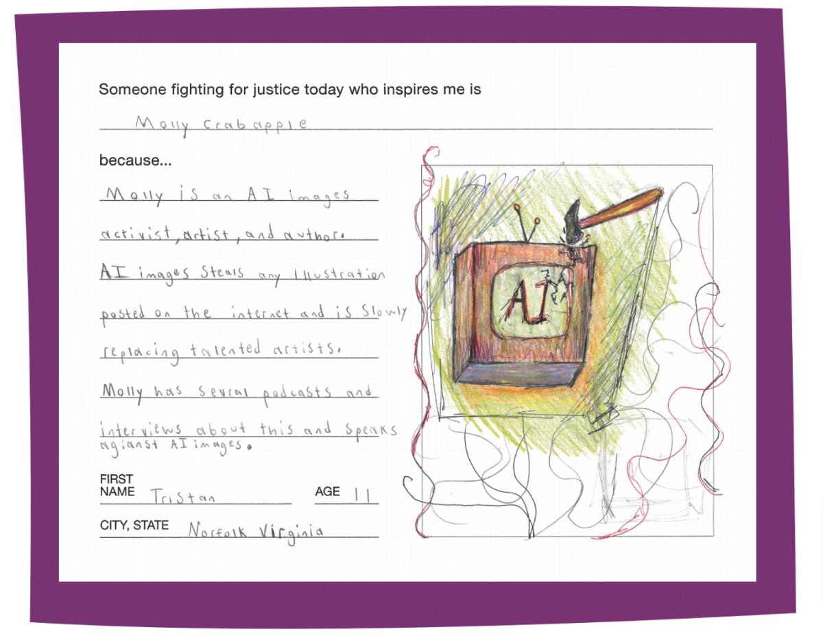 A card with a hand-drawn image of a TV with the letters "AI" on the screen and an axe going through the top. A student's reason for choosing Molly Crabapple as a fighter for freedom is written out on the left side.