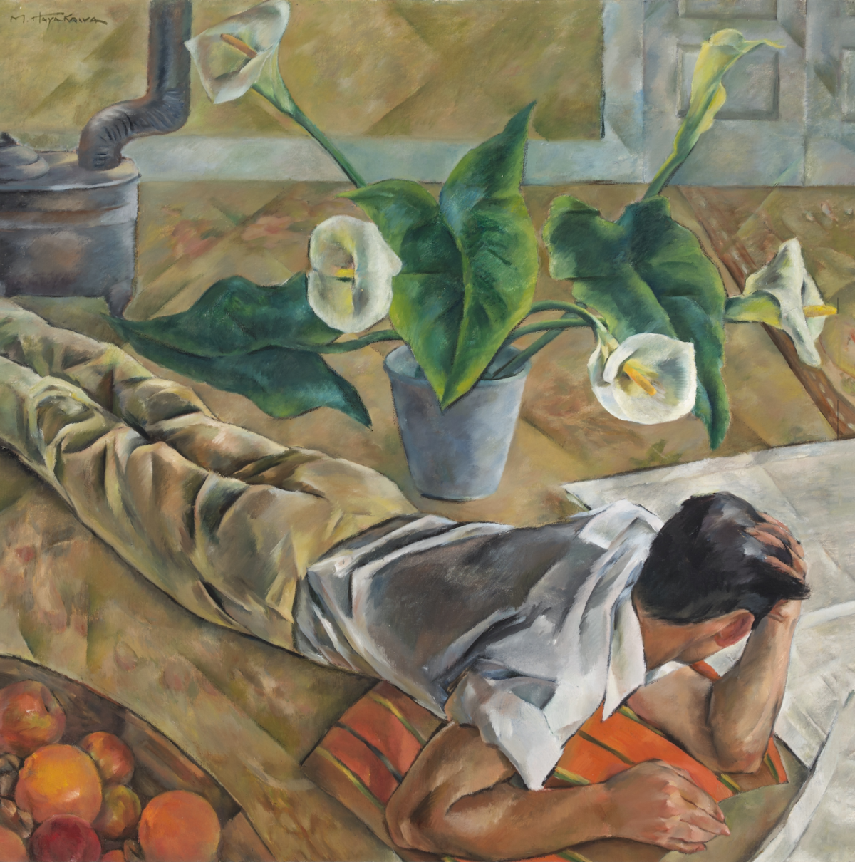 Painting of a man lying on the floor. He is looking away from the viewer.