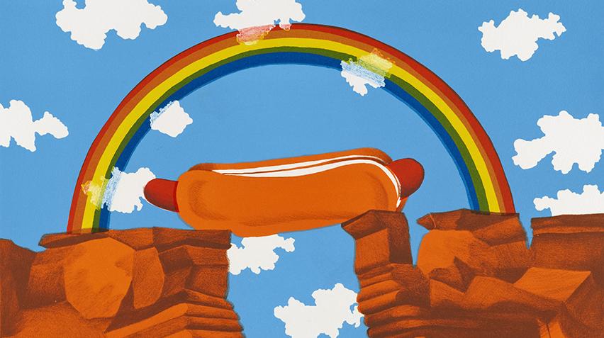 Print of a hot dog bridge under a rainbow.