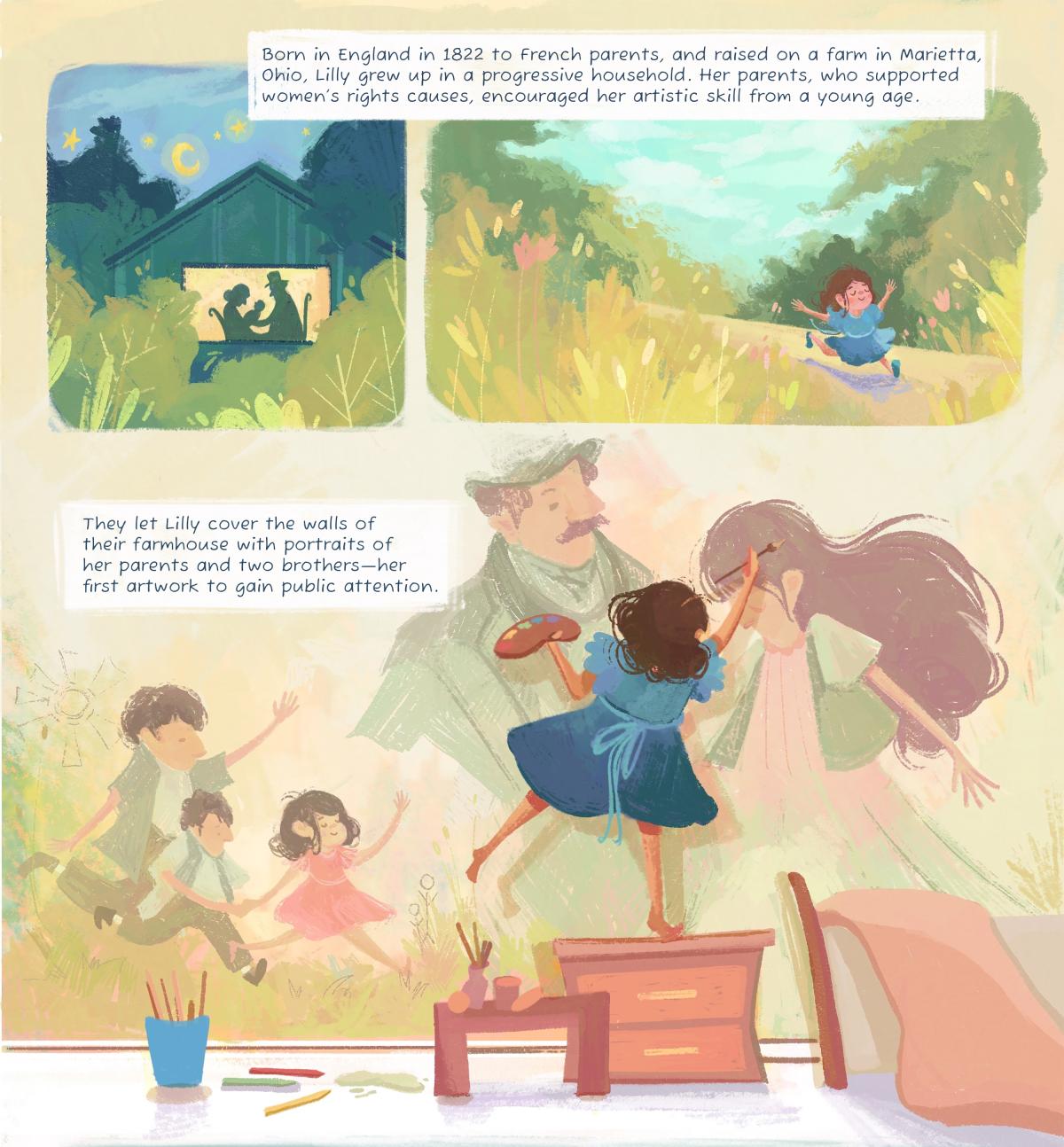 Illustrated panels of Lilly growing up in Ohio, painting on the walls of her bedroom, with written description.
