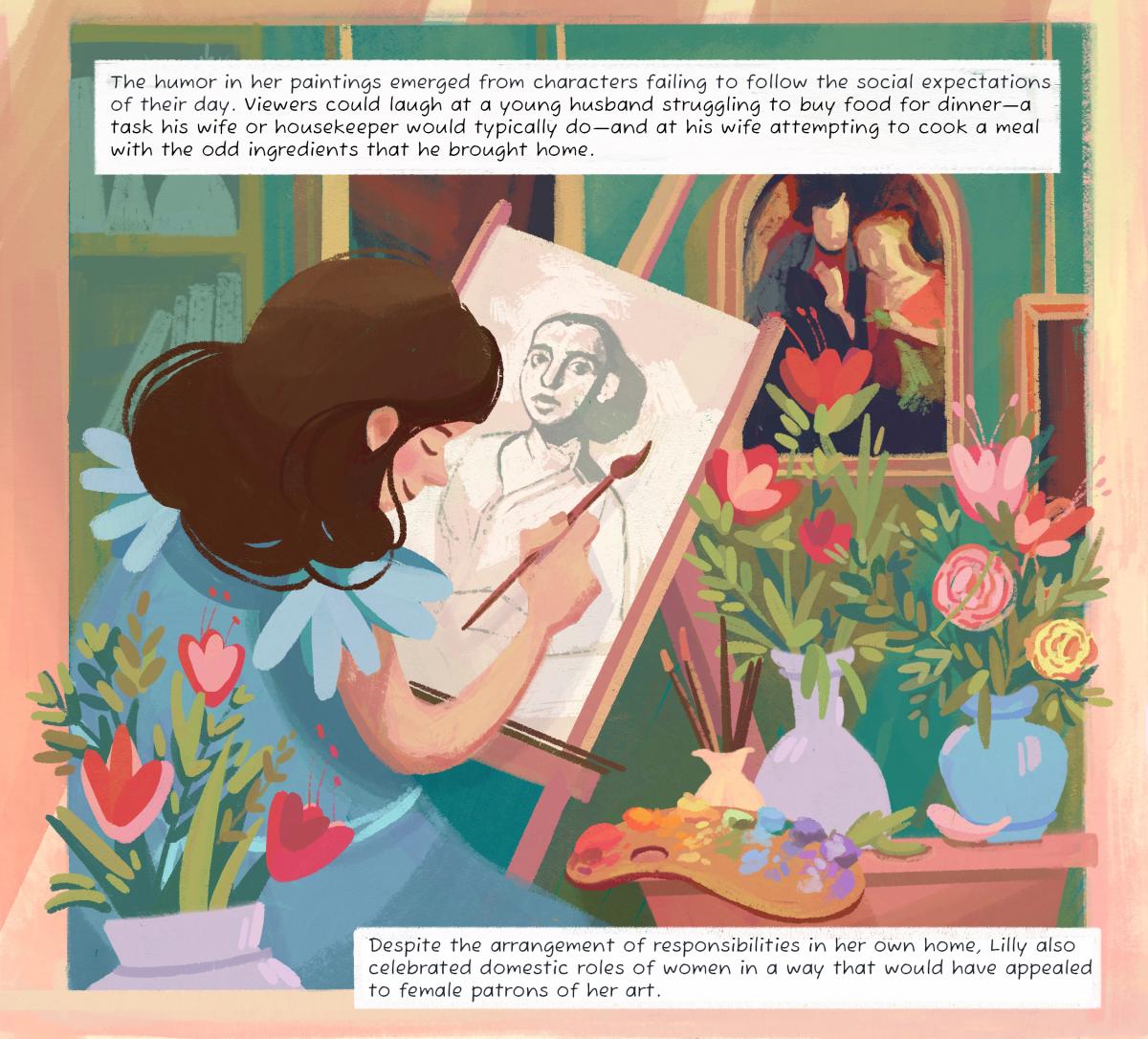 An illustrated rendering of Lilly painting at an easel surrounded by flowers, with written description.