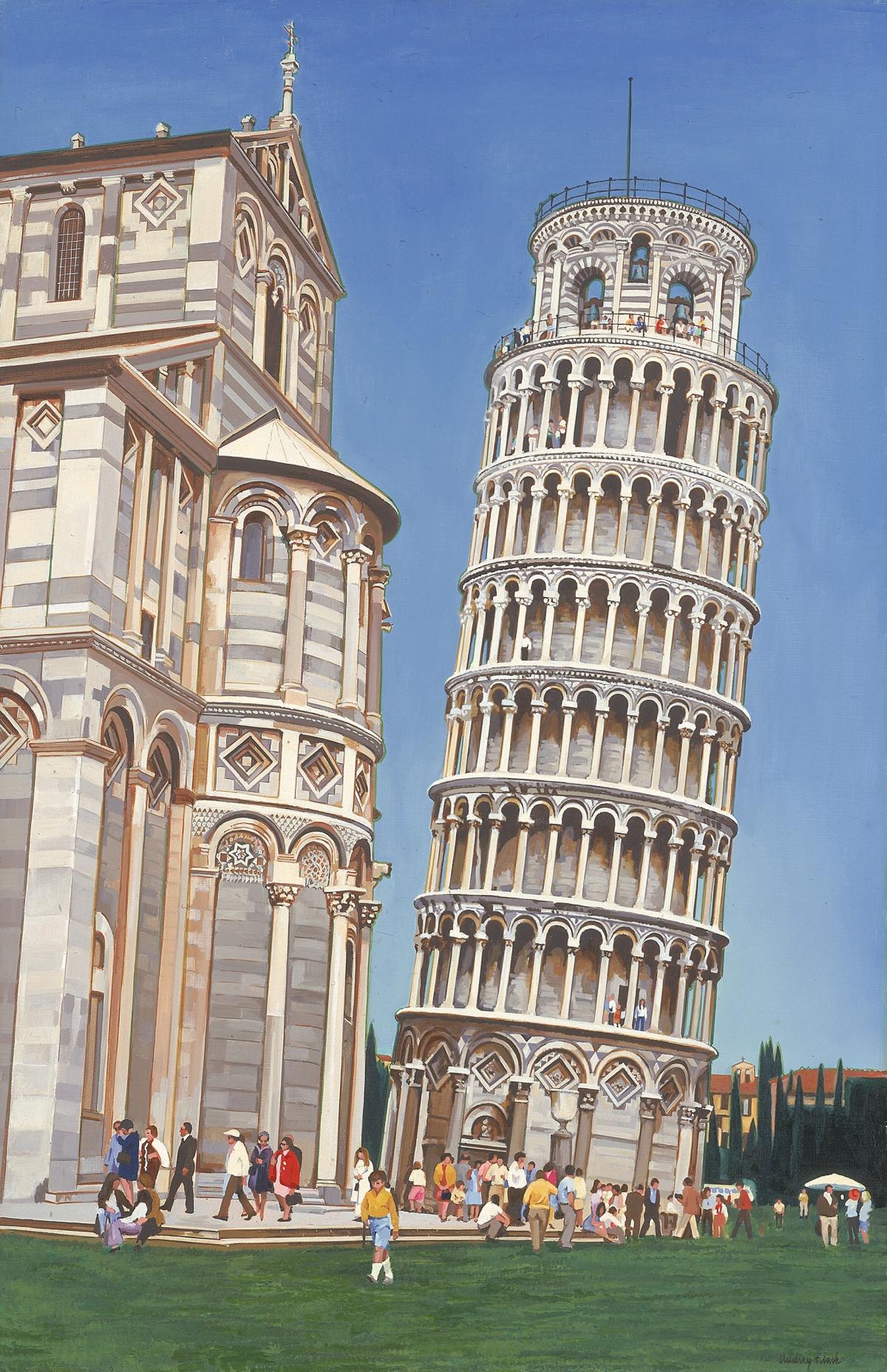 Photorealist painting of the Tower of Pisa.