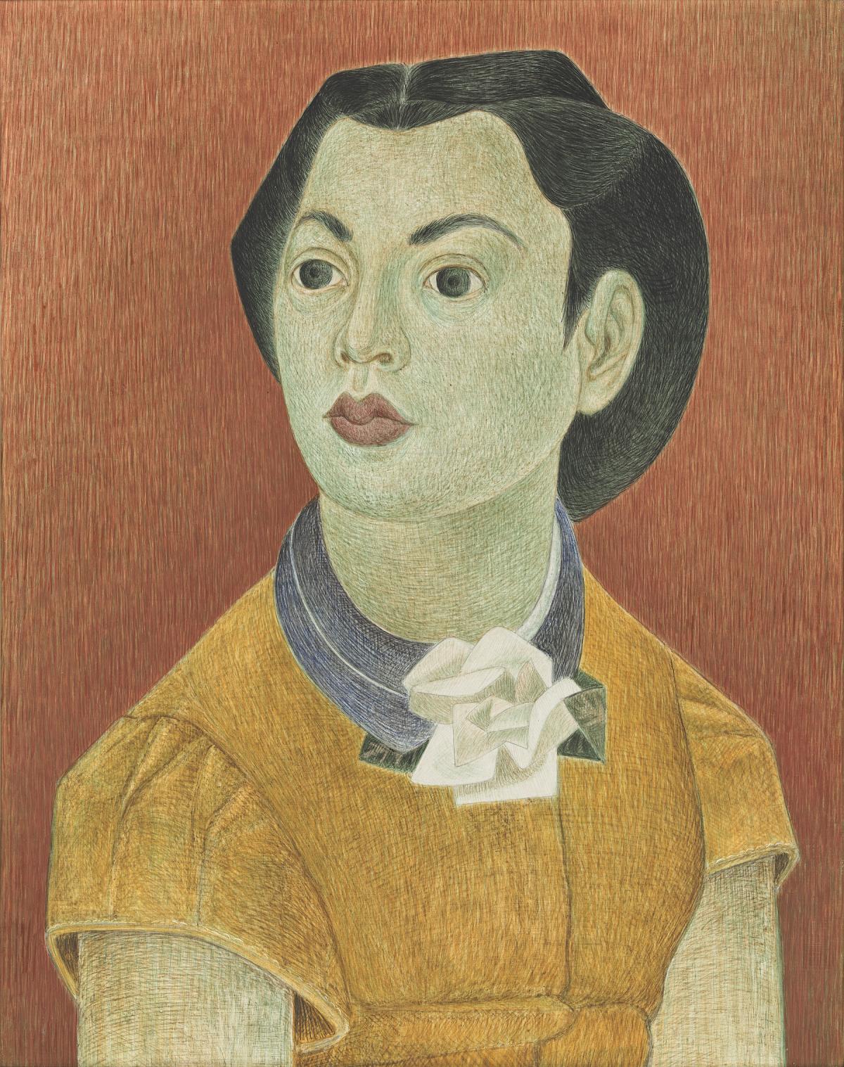 Painting of a woman in a yellow dress against a deep orange background.