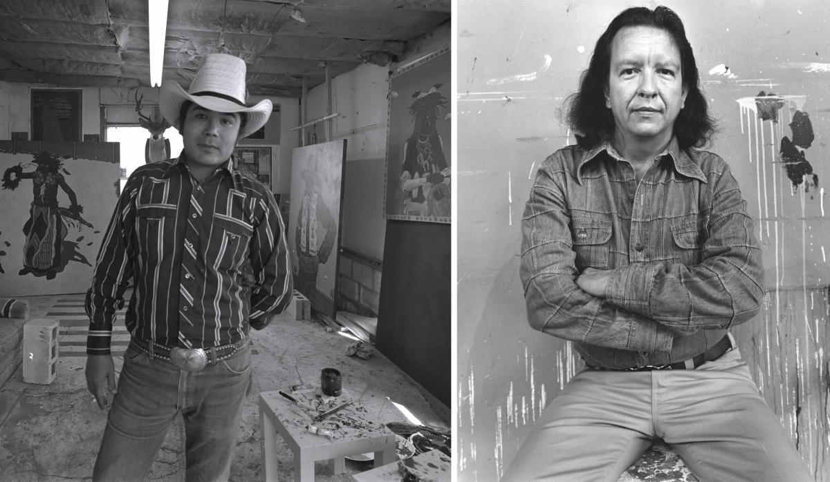 Side-by-side black and white photographs of T.C. Cannon (left) and Fritz Scholder (right).