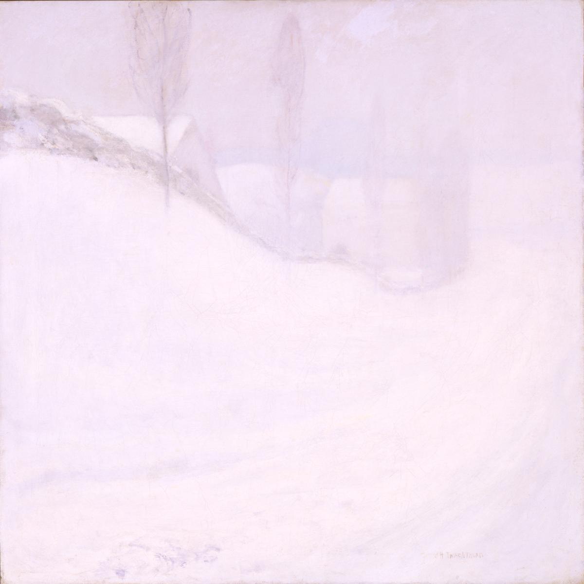 A white painting depicting a snowy landscape with houses on a distant hill.