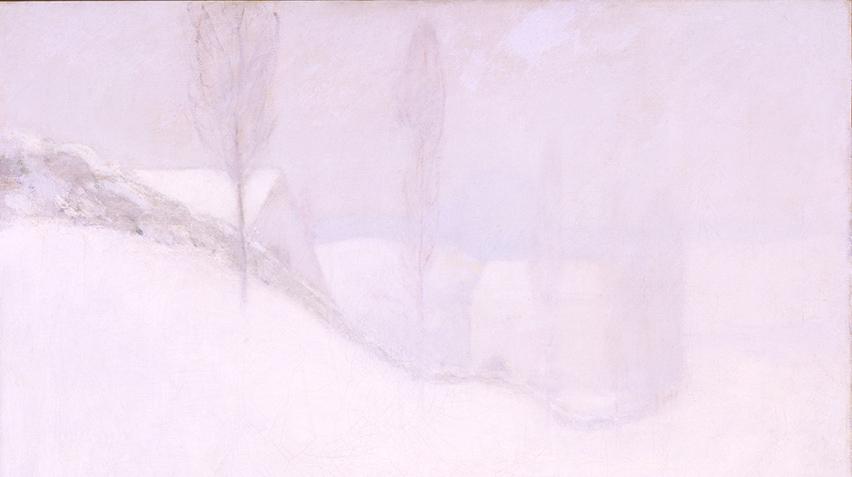 A white painting depicting a snowy landscape with houses on a distant hill.