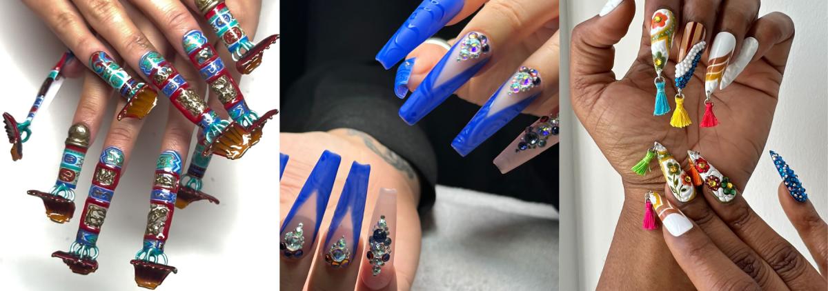 Three images of different nail art projects.