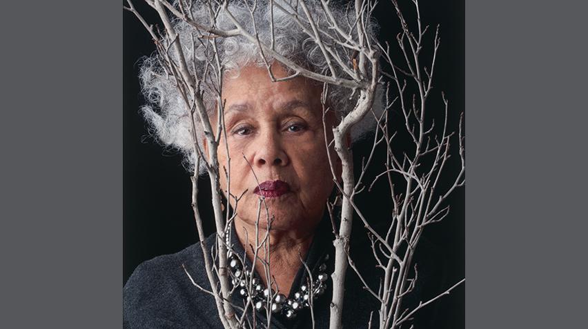 Betye Saar looking through a branch.