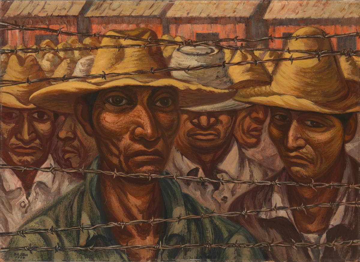 Painting of Mexican braceros standing behind a barbed wire fence.
