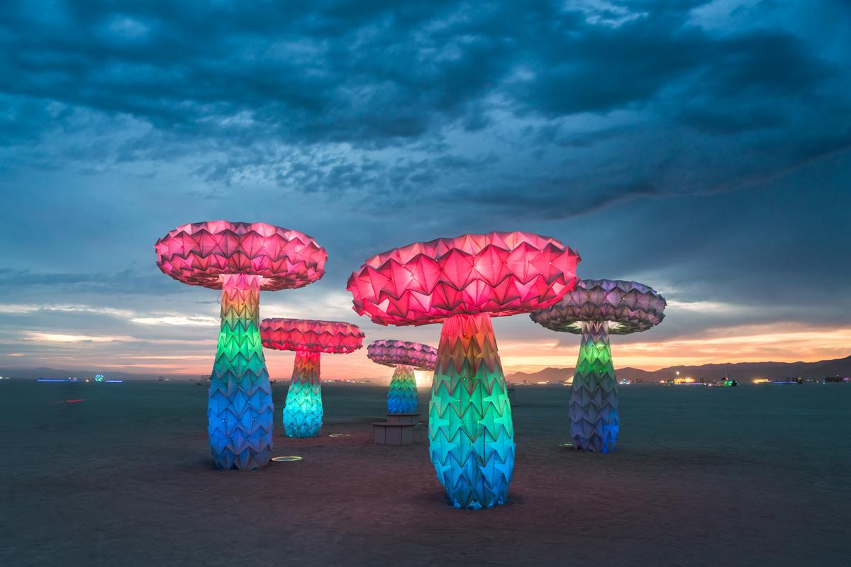 This is an image of Shumen Lumen, folded mushroom sculptures out in the Nevada Desert.