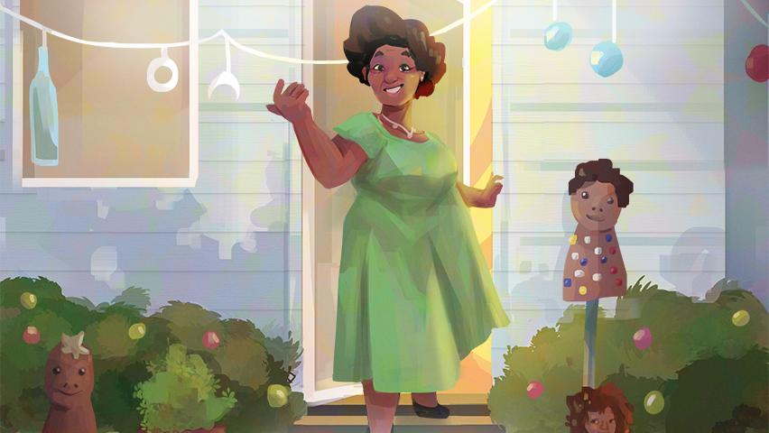 An African American woman is stepping out of a front door. She is smiling and waving. A child mannequin stands to her side.
