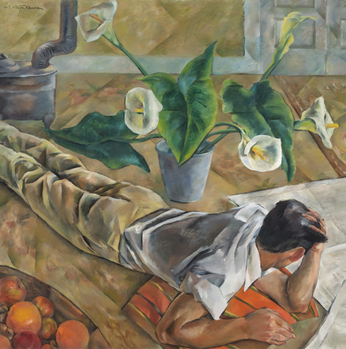 Painting of a man lying on the floor, looking at a newspaper spread out in front of him and a peace lily to his side. His head is turned away from the viewer.