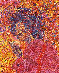 An abstract painting in red, pink, orange, and purple