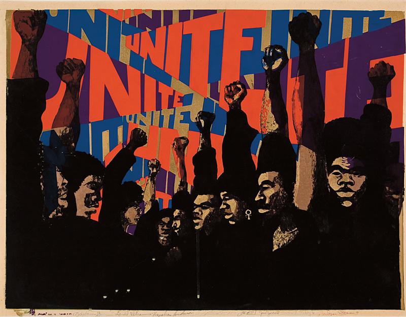 Barbara Jones-Hogu's painting of figures with their hands raised.
