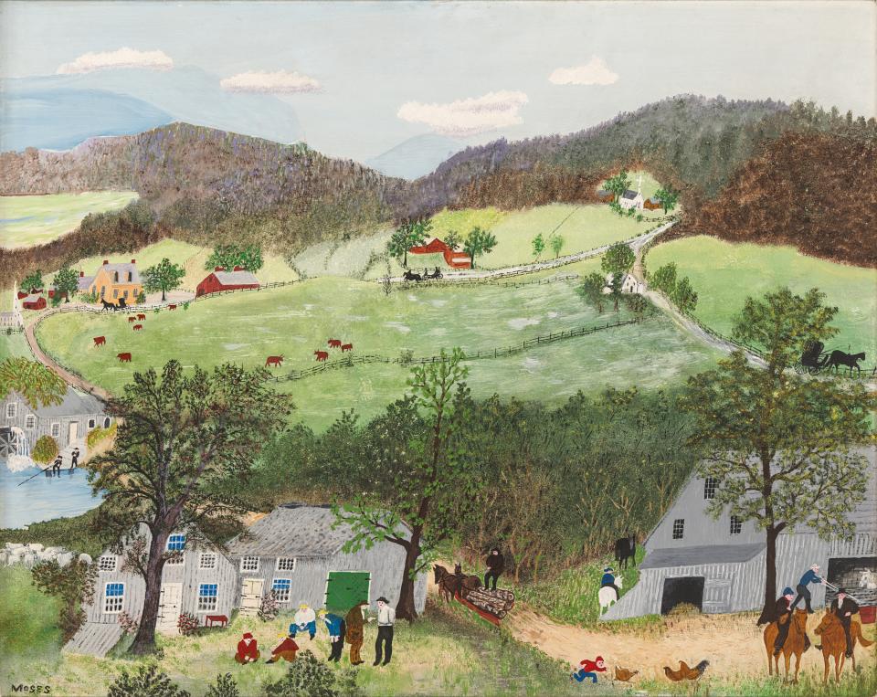 Exhibition - Grandma Moses, We Are Resting Painting of rolling green hills with people an