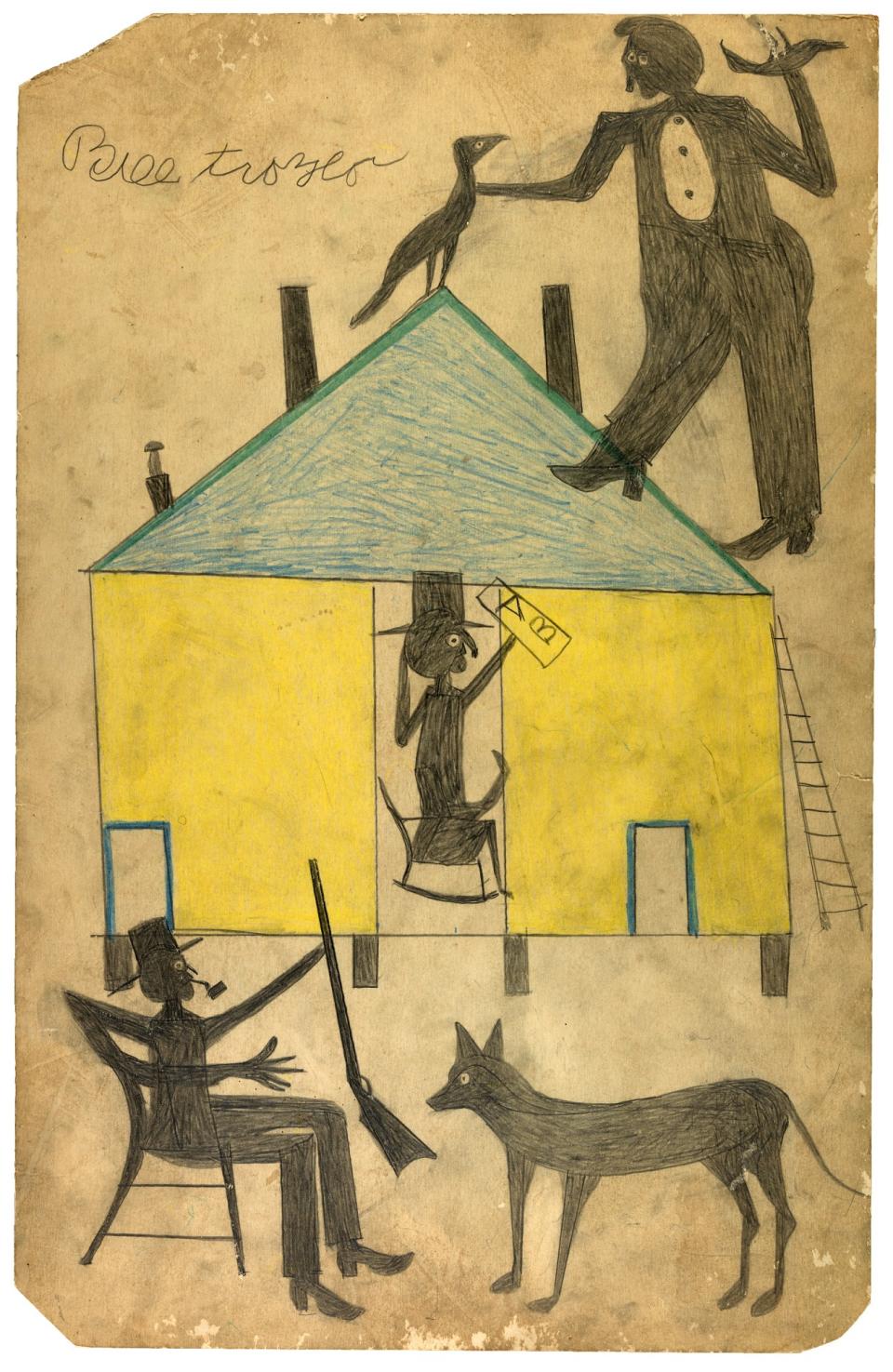 Untitled yellow and blue house with figures and dog smithsonian