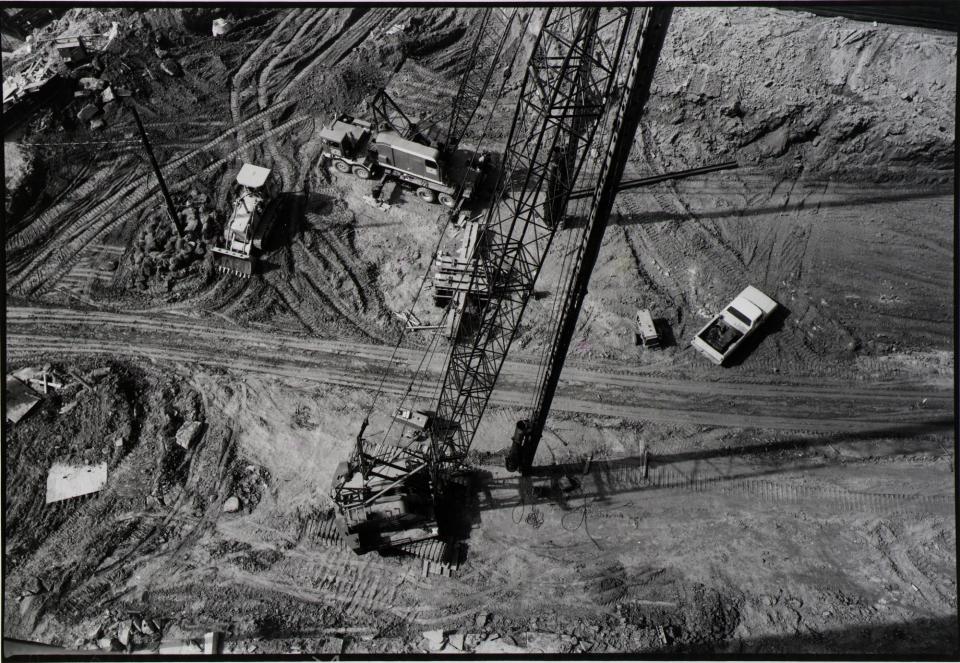 Pile driver, Civic Center Station site, viewed from upper story of the