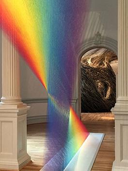Dawe's Plexus A1 displaying an array of colors with Dougherty's Shindig made of bend twigs in the background