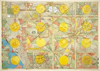 An image of 16 different yellow moons with different reactions on their faces. 