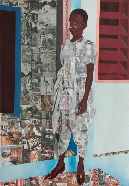 This is a mixed media image of a woman leaning against a wall.