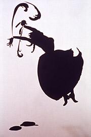 A work made of cut paper depicting a figure in space. 