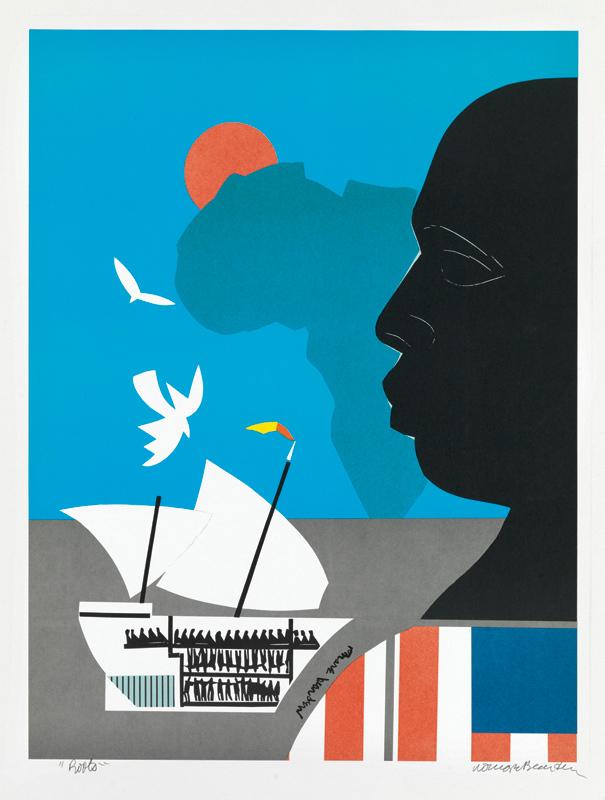 A lithograph of a man in the foreground, a ship in the middle ground and the country of Africa in the background.