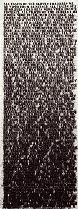 A painting that's white with small black words on it.