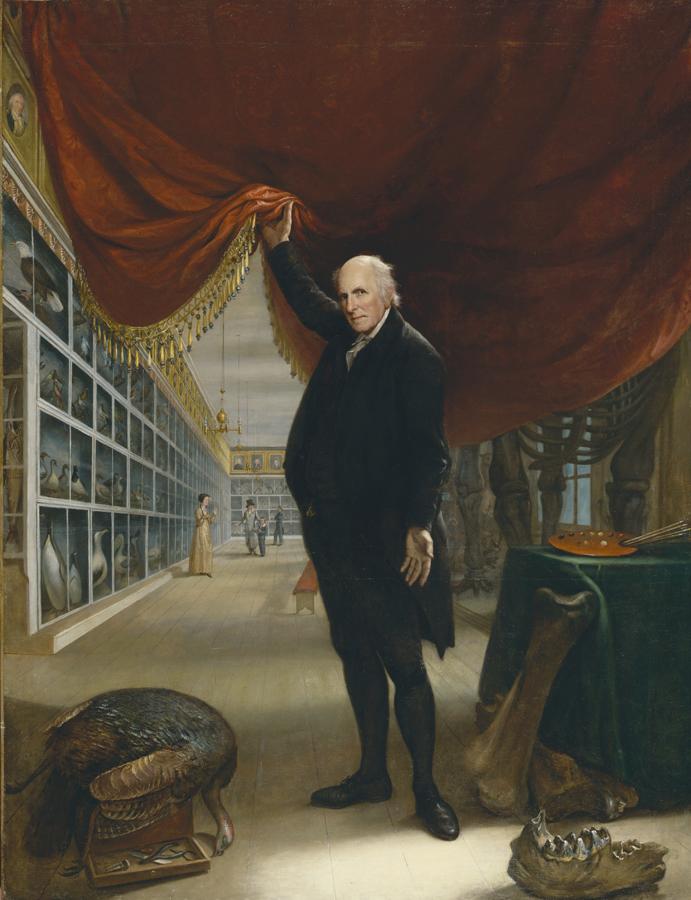 An oil on canvas of a man lifting a curtain into his museum