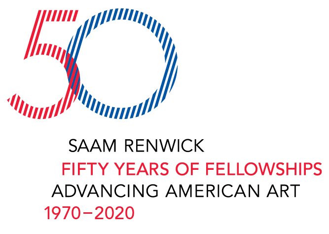 A logo for the 50th anniversary of the fellowship program at the Smithsonian American Art Museum in blue, red, and black.