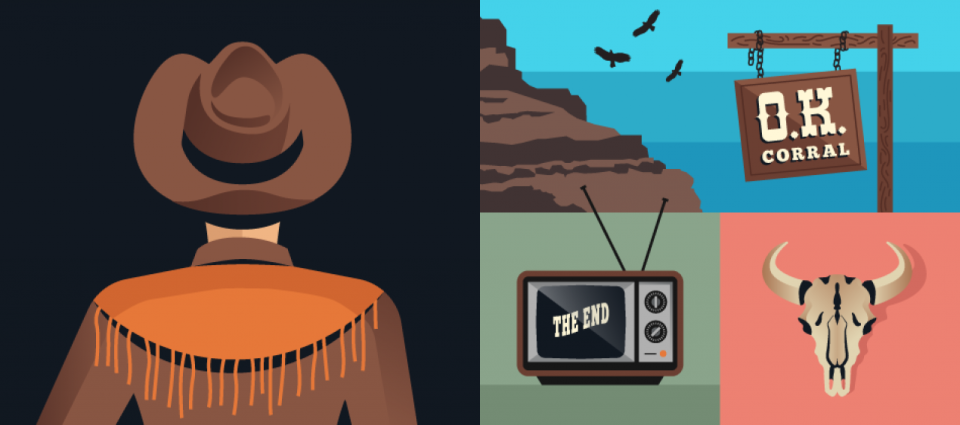 A graphic with four images. the back of a man in a cowboy hat, an old sign, a old television, and an animal skull. 