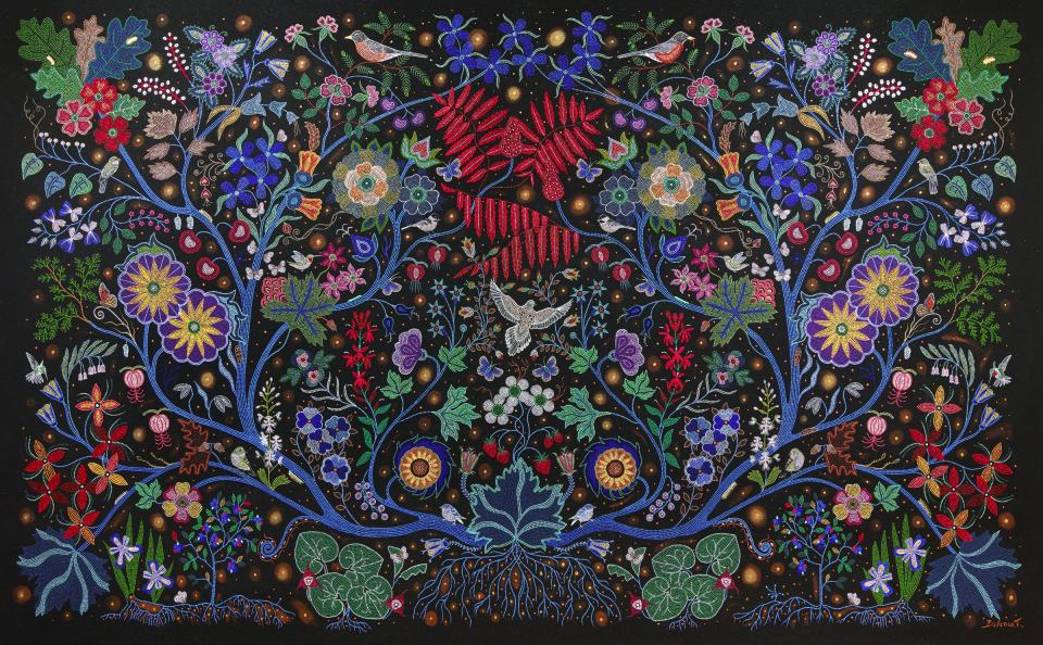 Exhibitions - HOOP, Christi Belcourt An artwork with small details made of beads depicting nature.