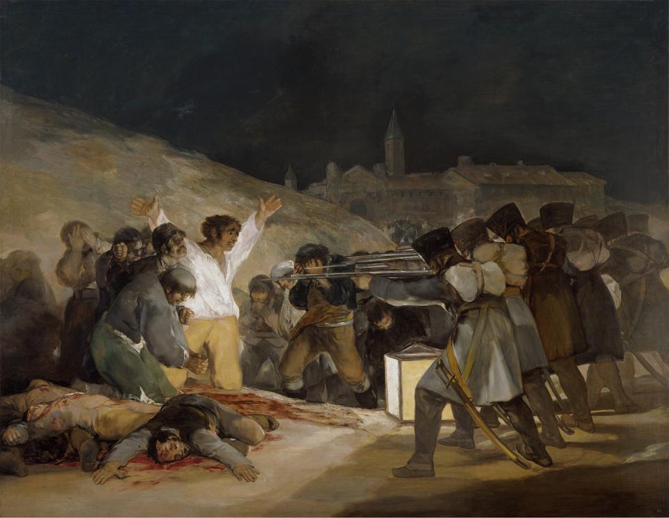 An artwork image of people lined up by gunfire