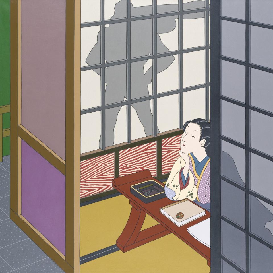 A painting of a woman sitting down with a shadow in her window of a figure. 