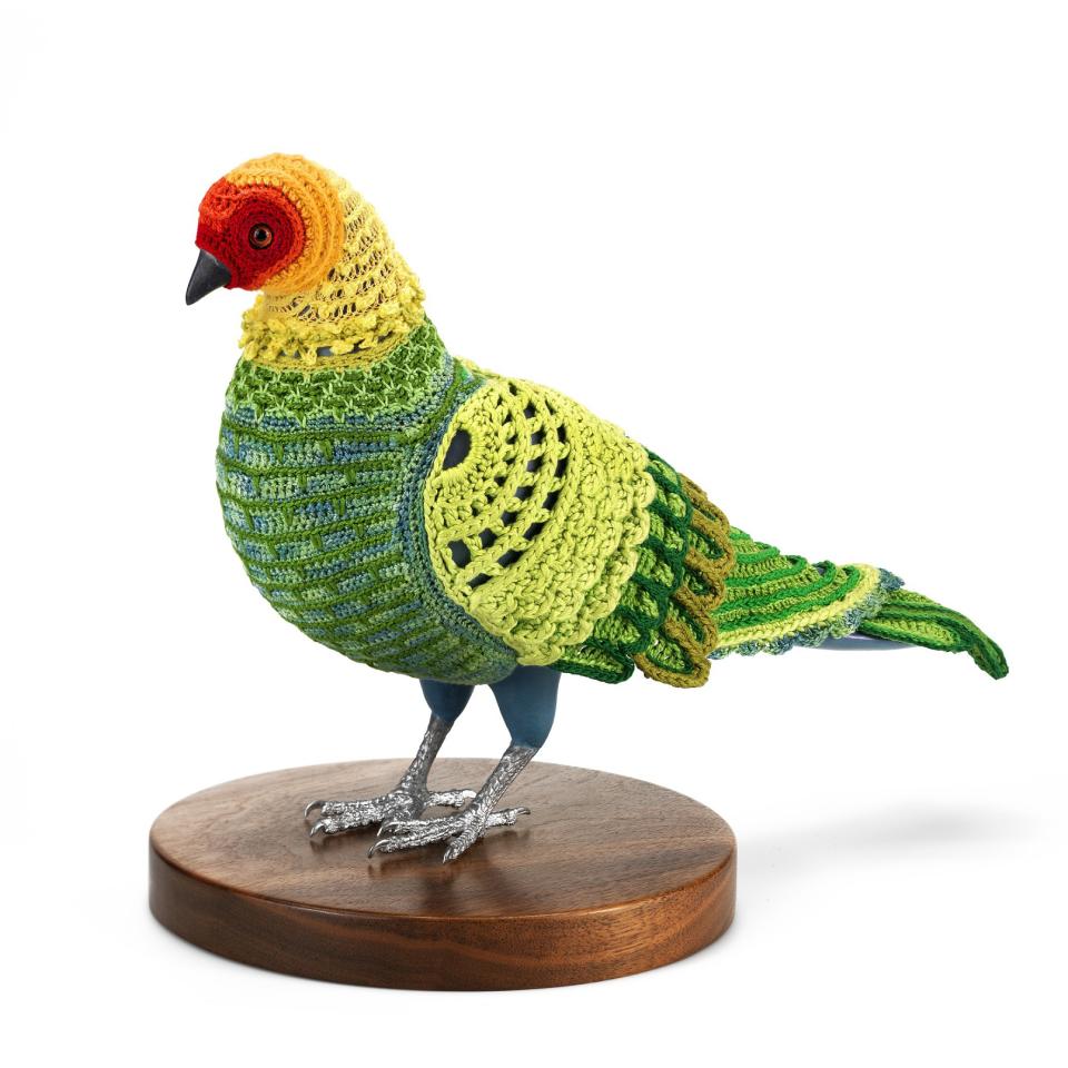 An artwork of a bird made of fiber