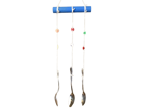 a wind chime made from a pool noodle and spoons