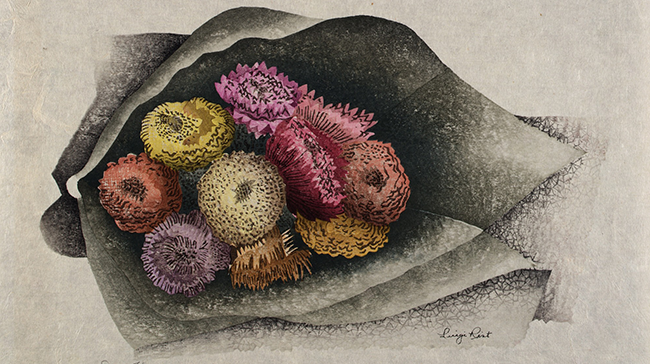 a print of flowers wrapped in paper