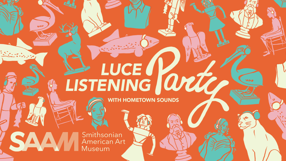 drawings of works of art wearing headphones