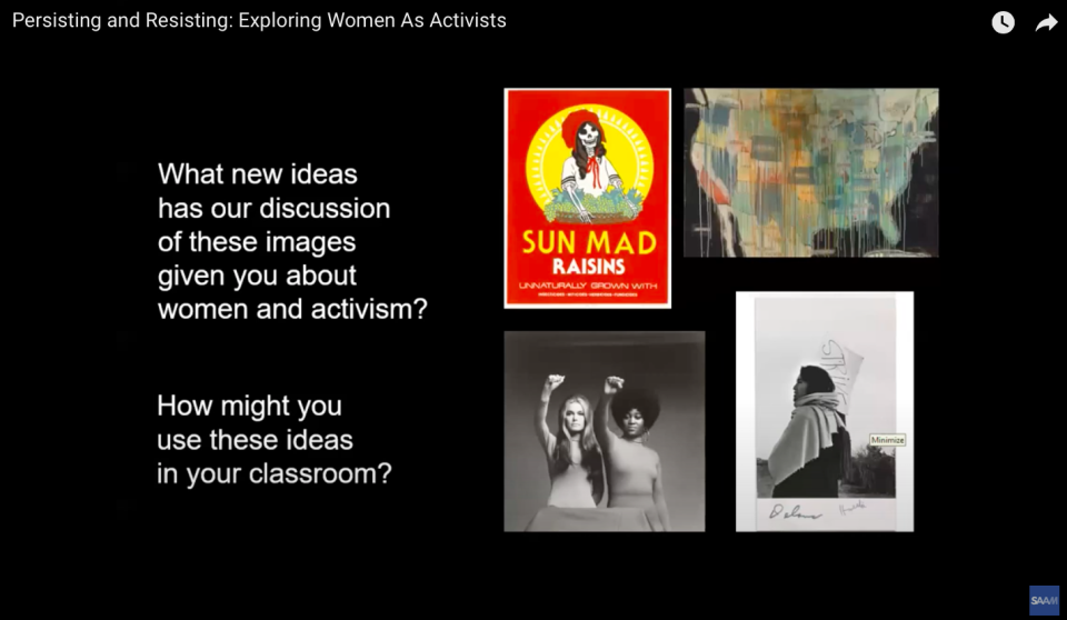 A slide from a presentation in which four works of art are accompanied by the text "How might you use these ideas in the classroom"