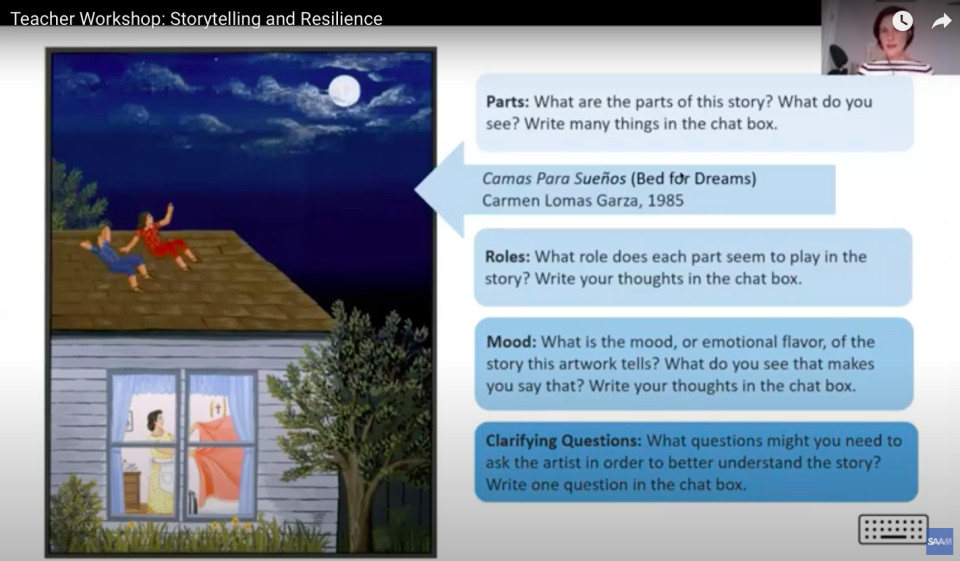 a slide from a presentation with an artwork of people sitting on a house and text asking questions like "What are the parts of this story?" and "What do you see"