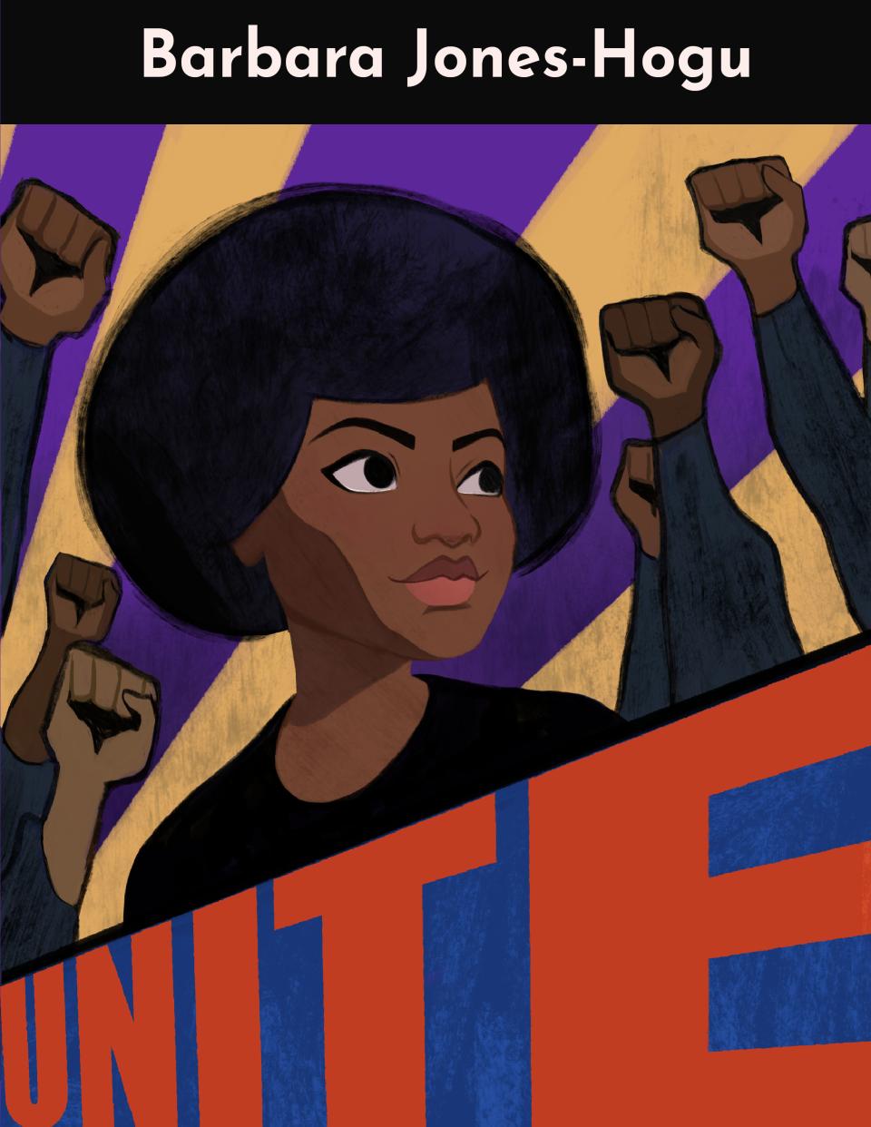 Barbara Jones-Hogu stands between raised fists on a yellow and purple background, with text reading: “Barbara Jones Hogu: UNITE.”