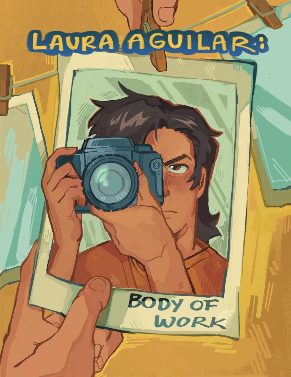 A person holds a photo that hows a woman holding a camera to her right eye.