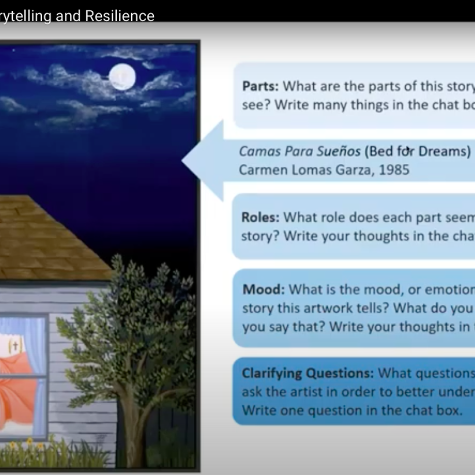 a slide from a presentation with an artwork of people sitting on a house and text asking questions like "What are the parts of this story?" and "What do you see"