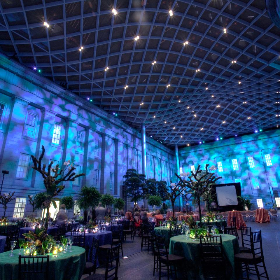 This is a photo inside the Kogod Courtyard at the Smithsonian American Art Musuem at night.