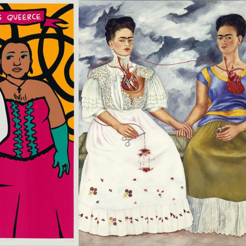 Two artworks next to each other with a couple in each. 