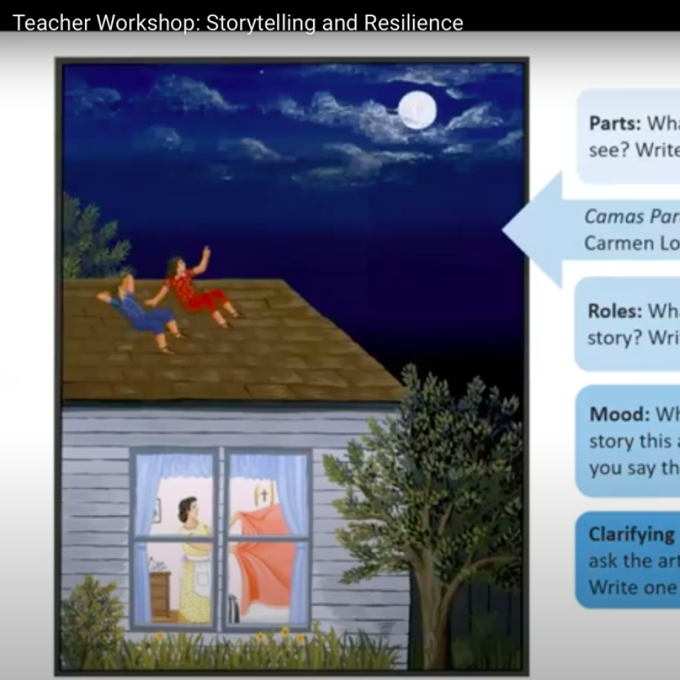 a slide from a presentation with an artwork of people sitting on a house and text asking questions like "What are the parts of this story?" and "What do you see"