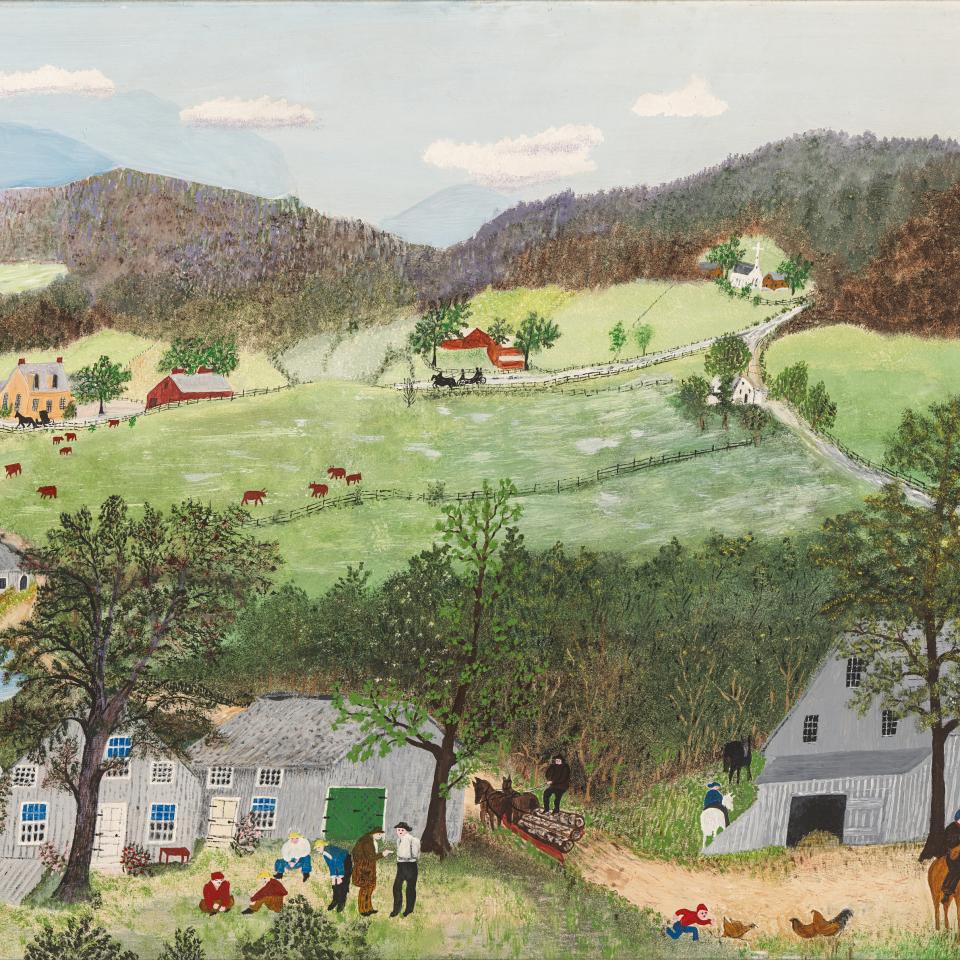 Painting of rolling green hills with people an 