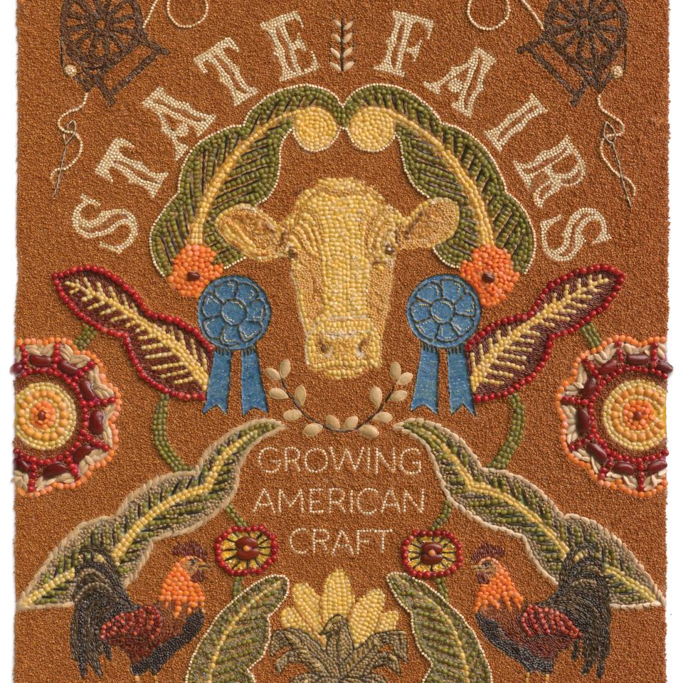 Crop art with the title State Fairs: Growing American Craft and a cow's head in the center.
