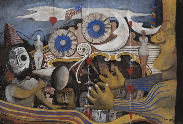 Gouache on paper of a carnival. 