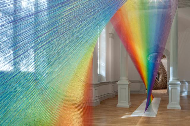Dawe's Plexus A1 displaying an array of colors with Dougherty's Shindig made of bend twigs in the background