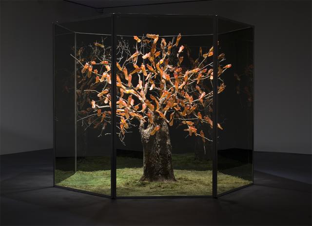 A picture of a tree with birds as leaves